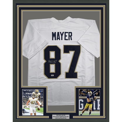 Framed Autographed/Signed Michael Mayer 35x39 Notre Dame White College Football Jersey Beckett BAS COA