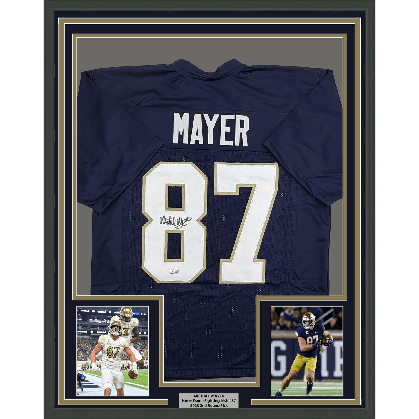 Framed Autographed/Signed Michael Mayer 35x39 Notre Dame Blue College Football Jersey Beckett BAS COA