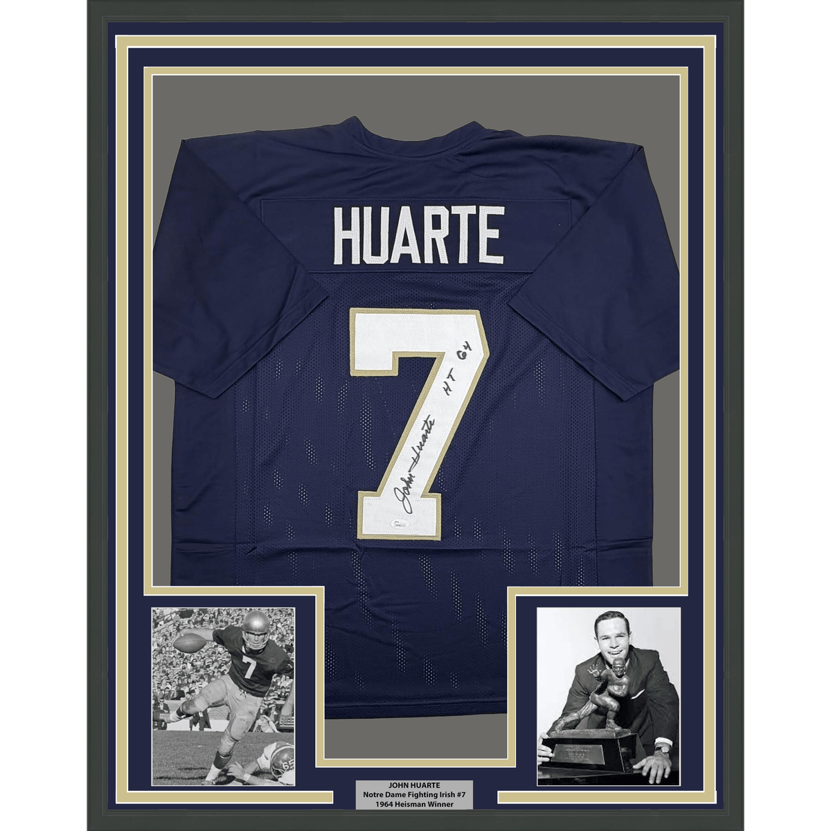 Framed Autographed/Signed John Huarte 35x39 HT 64 Notre Dame Blue College Football Jersey JSA COA