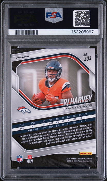 Graded 2025 Panini Prizm RJ Harvey #303 White Disco Rookie RC Football Card PSA 10 Gem Mint