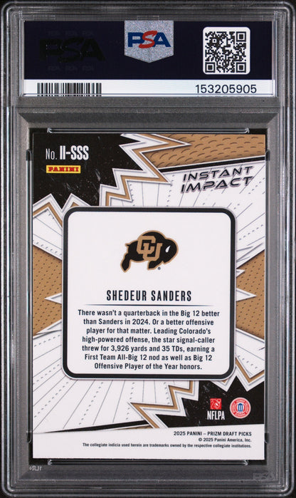 Graded 2025 Panini Prizm Draft Picks Shedeur Sanders #II-SSS Instant Impact Rookie RC Football Card PSA 9 Mint