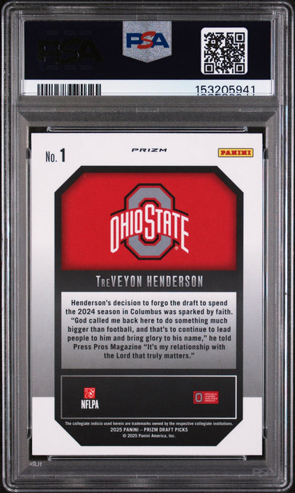 Graded 2025 Panini Prizm Draft Picks TreVeyon Henderson #1 New Recruits Green Rookie RC Football Card PSA 10 Gem Mint