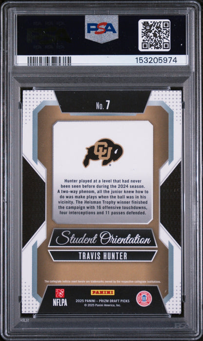 Graded 2025 Panini Prizm Draft Picks Travis Hunter #7 Student Orientation Rookie RC Football Card PSA 9 Mint