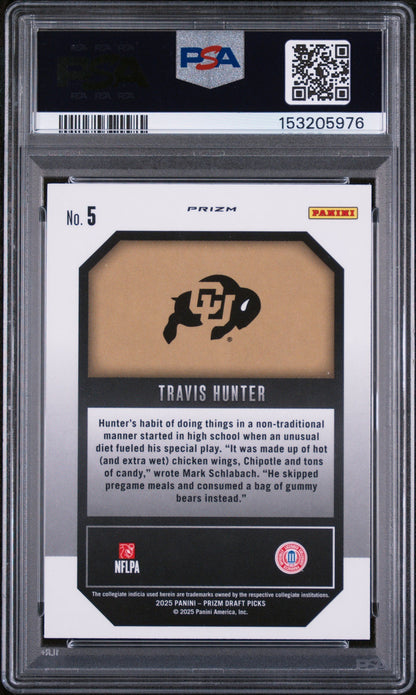 Graded 2025 Panini Prizm Draft Picks Travis Hunter #5 New Recruits Green Rookie RC Football Card PSA 9 Mint