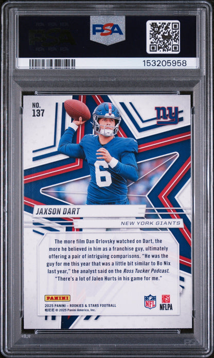 Graded 2025 Panini Rookies & Stars Jaxson Dart #137 Rookie RC Football Card PSA 10 Gem Mint
