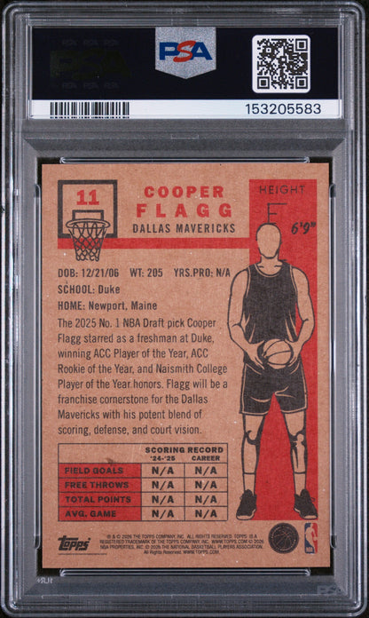 Graded 2025-26 Topps Living Cooper Flagg #11 Rookie RC Basketball Card PSA 10 Gem Mint