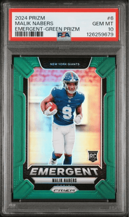 Graded 2024 Panini Prizm Malik Nabers #6 Emergent Green Prizm Rookie RC Football Card PSA 10 Gem Mint