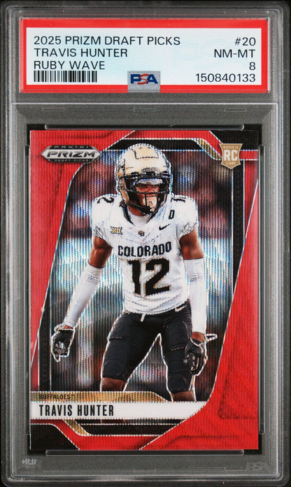 Graded 2025 Panini Prizm Draft Picks Travis Hunter #20 Ruby Wave Rookie RC Football Card PSA 8 Near Mint