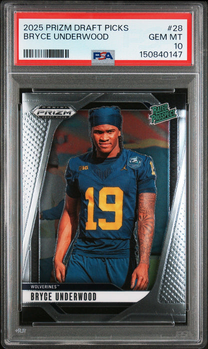 Graded 2025 Panini Prizm Draft Picks Bryce Underwood #28 Rookie RC Football Card PSA 10 Gem Mint