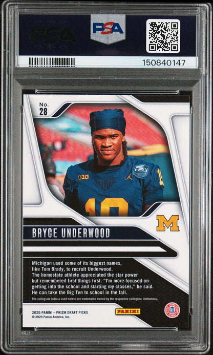 Graded 2025 Panini Prizm Draft Picks Bryce Underwood #28 Rookie RC Football Card PSA 10 Gem Mint