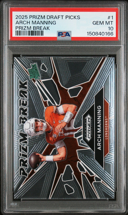 Graded 2025 Panini Prizm Draft Picks Arch Manning #1 Prizm Break Rookie RC Football Card PSA 10 Gem Mint
