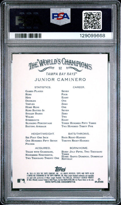 Graded 2024 Topps Allen & Ginter Junior Caminero #92 Rookie RC Baseball Card PSA 10 Gem Mint
