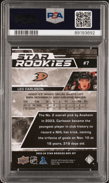Graded 2023 Upper Deck Star Rookies Leo Carlsson #7 Box Set Rookie RC Hockey Card PSA 10 Gem Mint