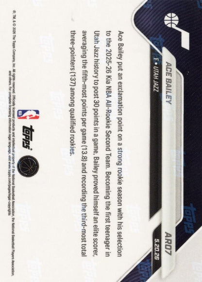 2025 Topps Now Ace Bailey #AR07 Red Foil /5 2025-26 KIA NBA All Rookie Second Team Selection Utah Jazz Rookie RC Basketball Card