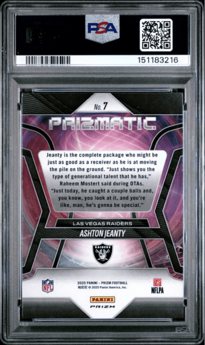 Graded 2025 Panini Prizm Ashton Jeanty #7 Prizmatic Silver Rookie RC Football Card PSA 10 Gem Mint
