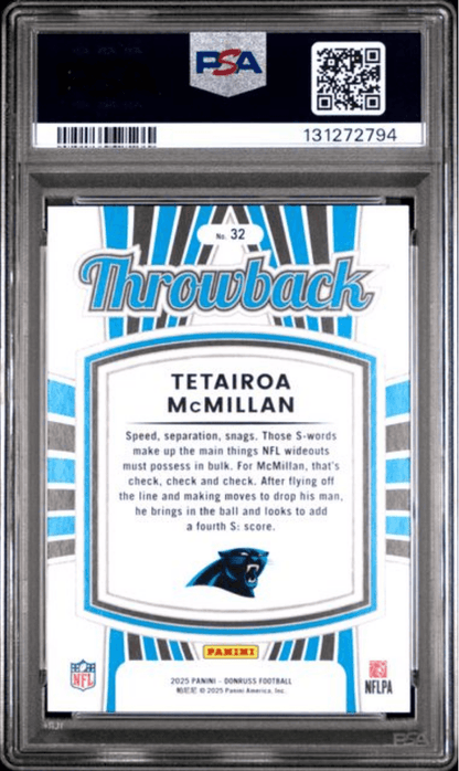 Graded 2025 Panini Donruss Tetairoa McMillan #32 Rated Rookies Throwback Rookie RC Football Card PSA 10 Gem Mint