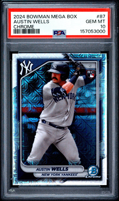 Graded 2024 Bowman Austin Wells #87 Mega Box Chrome Prospects Rookie RC Baseball Card PSA 10 Gem Mint