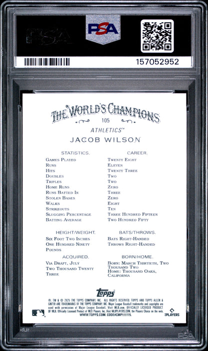 Graded 2025 Topps Allen & Ginter Jacob Wilson #105 Rookie RC Baseball Card PSA 10 Gem Mint