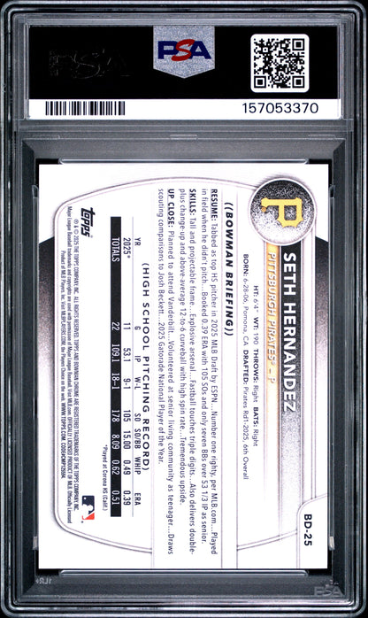 Graded 2025 Topps Bowman Draft Seth Hernandez #BD25 Rookie RC Baseball Card PSA 9 Mint