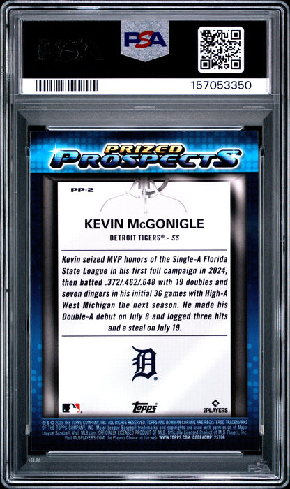 Graded 2025 Topps Bowman Draft Kevin McGonigle #PP2 Prized Prospects Rookie RC Baseball Card PSA 10 Gem Mint