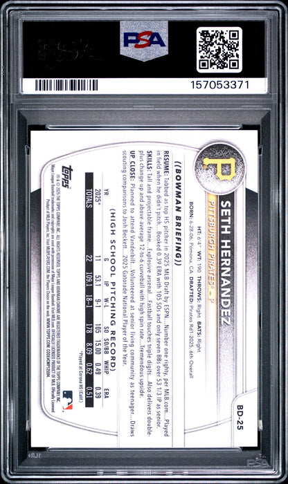 Graded 2025 Topps Bowman Draft Seth Hernandez #BD25 Rookie RC Baseball Card PSA 10 Gem Mint