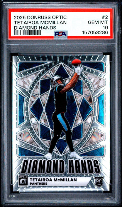 Graded 2025 Panini Donruss Optic Tetairoa McMillan #2 Diamond Hands Rookie RC Football Card PSA 10 Gem Mint