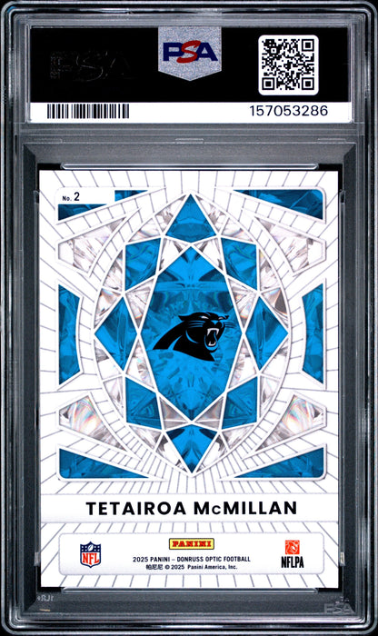Graded 2025 Panini Donruss Optic Tetairoa McMillan #2 Diamond Hands Rookie RC Football Card PSA 10 Gem Mint