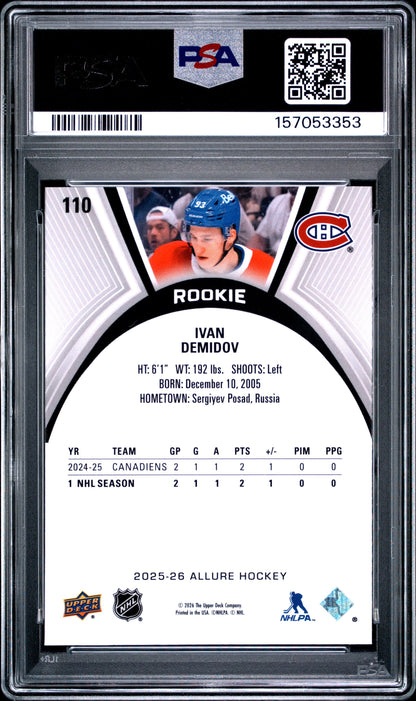 Graded 2025 Upper Deck Allure Ivan Demidov #110 Rookie RC Hockey Card PSA 10 Gem Mint