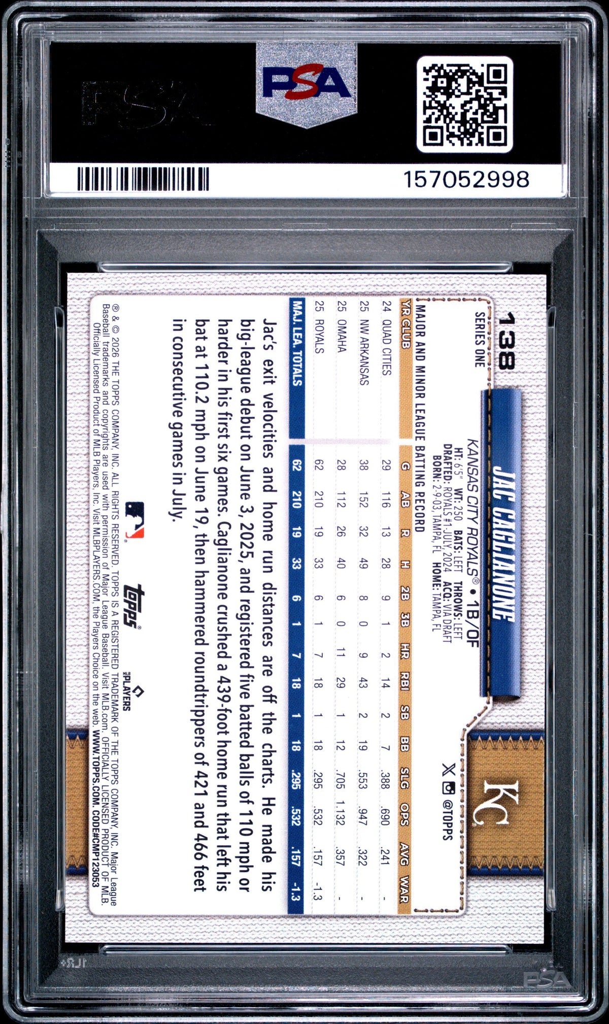 Graded 2026 Topps Jac Caglianone #138 Rookie RC Baseball Card PSA 10 Gem Mint