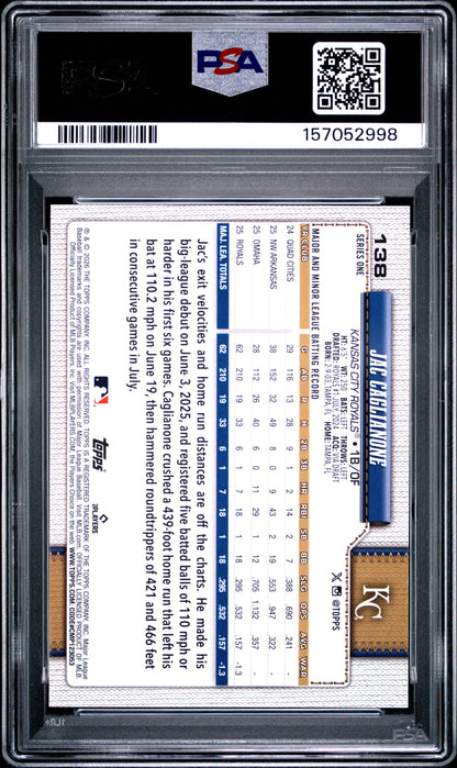 Graded 2026 Topps Jac Caglianone #138 Rookie RC Baseball Card PSA 10 Gem Mint