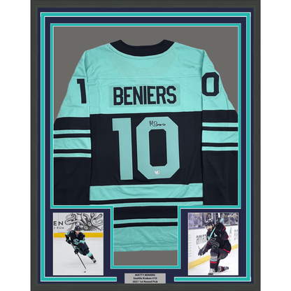 Framed Autographed/Signed Matty Beniers 35x39 Seattle Kraken Blue Authentic Hockey Jersey Fanatics COA