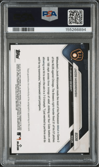 Graded 2025 Topps Now Jacob Misiorowski #833B Auto Red Foil /5 Rookie RC Baseball Card Authentic Auto PSA 10 Gem Mint