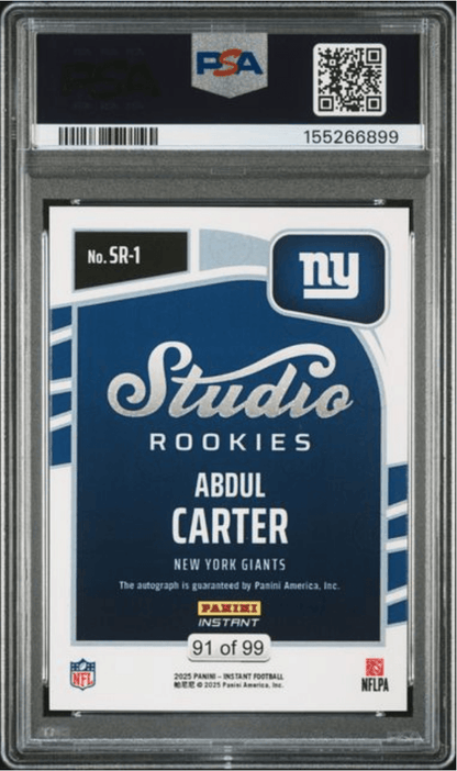 Graded 2025 Panini Instant Abdul Carter #SR1 Studio Rookies Auto /99 Rookie RC Football Card Authentic Auto PSA 10 Gem Mint