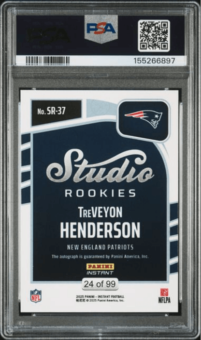 Graded 2025 Panini Instant Treveyon Henderson #SR37 Studio Rookies Auto /99 Rookie RC Football Card Authentic Auto PSA 10 Gem Mint