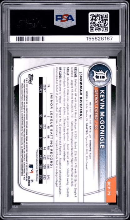 Graded 2025 Topps Bowman Kevin McGonigle #BCP79 Chrome Prospect Reptilian Refractor Rookie RC Baseball Card PSA 9 Mint