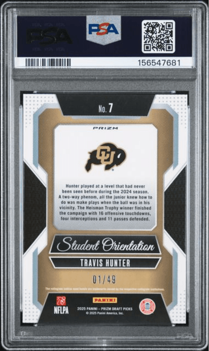 Graded 2025 Panini Prizm Draft Picks Travis Hunter #7 Student Orientation Red Flash /49 Rookie RC Football Card PSA 10 Gem Mint