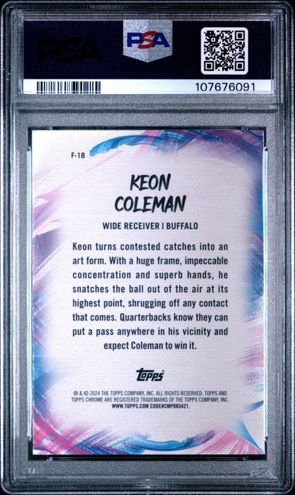Graded 2024 Topps Chrome Keon Coleman #F18 Finesse Yellow Refractor /75 Rookie RC Football Card PSA 10 Gem Mint