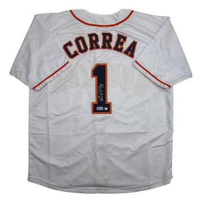Autographed/Signed Carlos Correa Houston White Baseball Jersey Beckett BAS COA