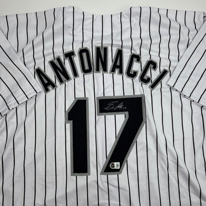 Autographed/Signed Sam Antonacci Chicago Pinstripe Baseball Jersey Beckett BAS COA