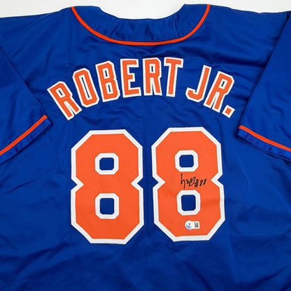 Autographed/Signed Luis Robert Jr. New York Blue Baseball Jersey Beckett BAS COA
