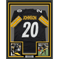 Framed Autographed/Signed Kaleb Johnson 35x39 Pittsburgh Black Football Jersey Beckett BAS COA