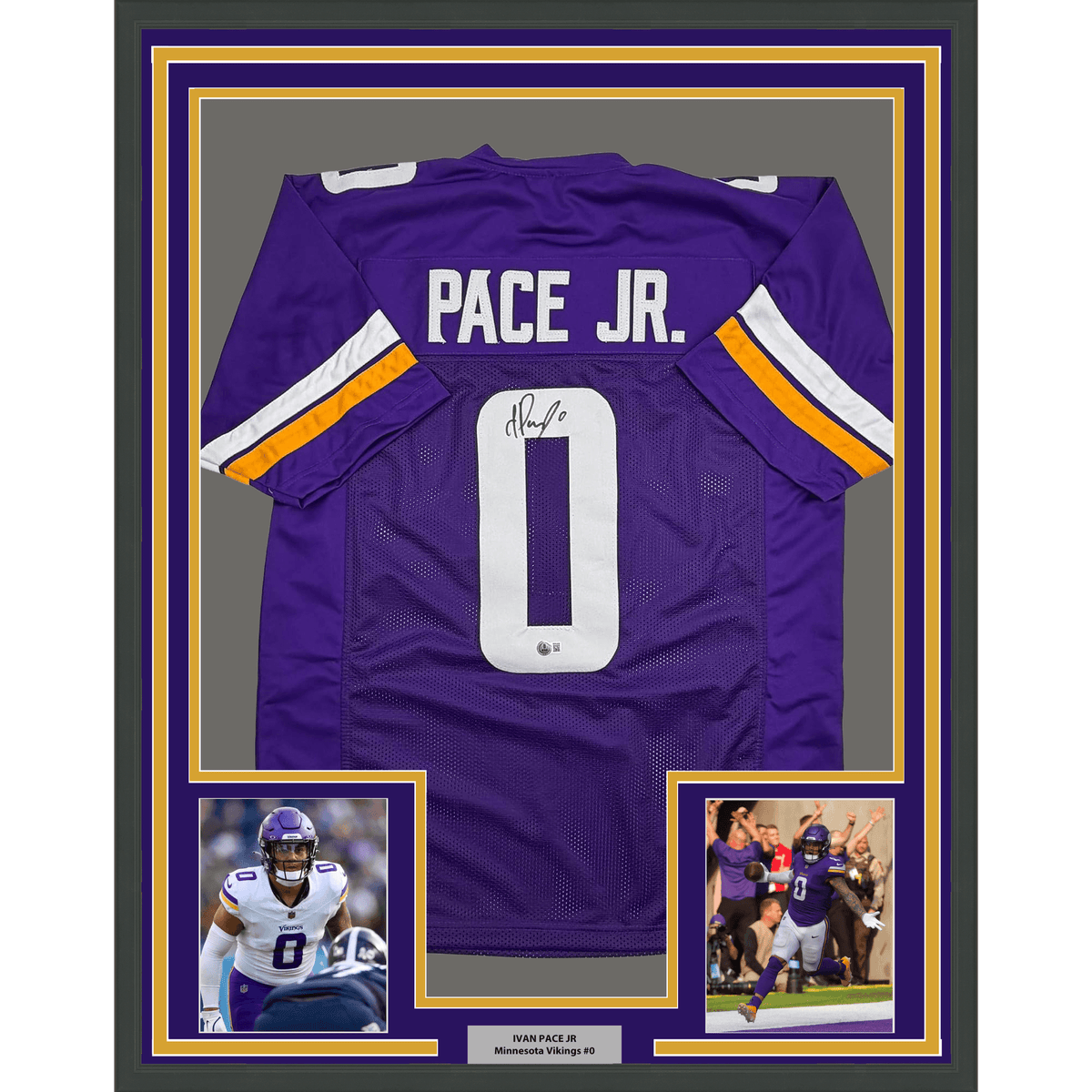 Framed Autographed/Signed Ivan Pace Jr. 35x39 Minnesota Purple Football Jersey Beckett BAS COA