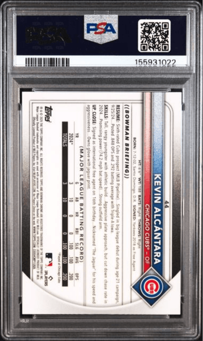 Graded 2025 Topps Bowman Chrome Sapphire Edition Kevin Alcantara #44 Gold /50 Rookie RC Baseball Card PSA 10 Gem Mint