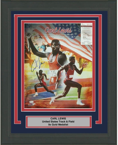 Framed Autographed/Signed Carl Lewis Track USA Olympics 9x Gold Medalist 16x20 Photo JSA COA