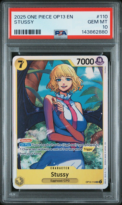 Graded 2025 One Piece Stussy #110 OP13 EN Trading Card Game PSA 10 Gem Mint