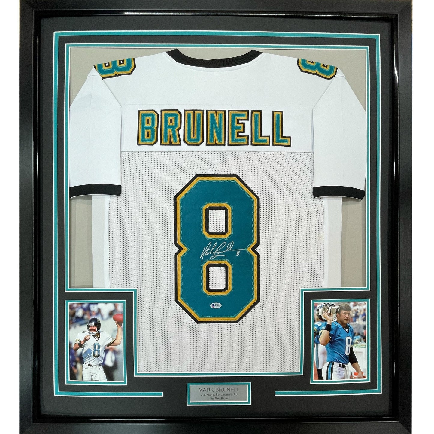 Framed Autographed/Signed Mark Brunell 35x39 Jacksonville White Football Jersey Beckett BAS COA
