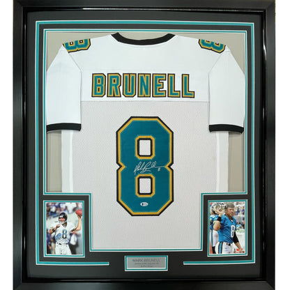 Framed Autographed/Signed Mark Brunell 35x39 Jacksonville White Football Jersey Beckett BAS COA