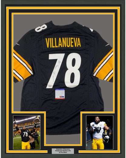 Framed Autographed/Signed Alejandro Villanueva 35x39 Pittsburgh Black Football Jersey PSA/DNA COA