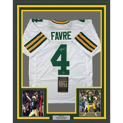 Framed Autographed/Signed Brett Favre 35x39 Green Bay White Football Jersey Favre Hologram COA