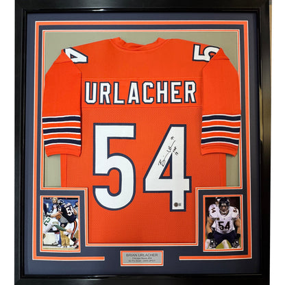 Framed Autographed/Signed Brian Urlacher 35x39 HOF 18 Chicago Orange Football Jersey Beckett BAS COA